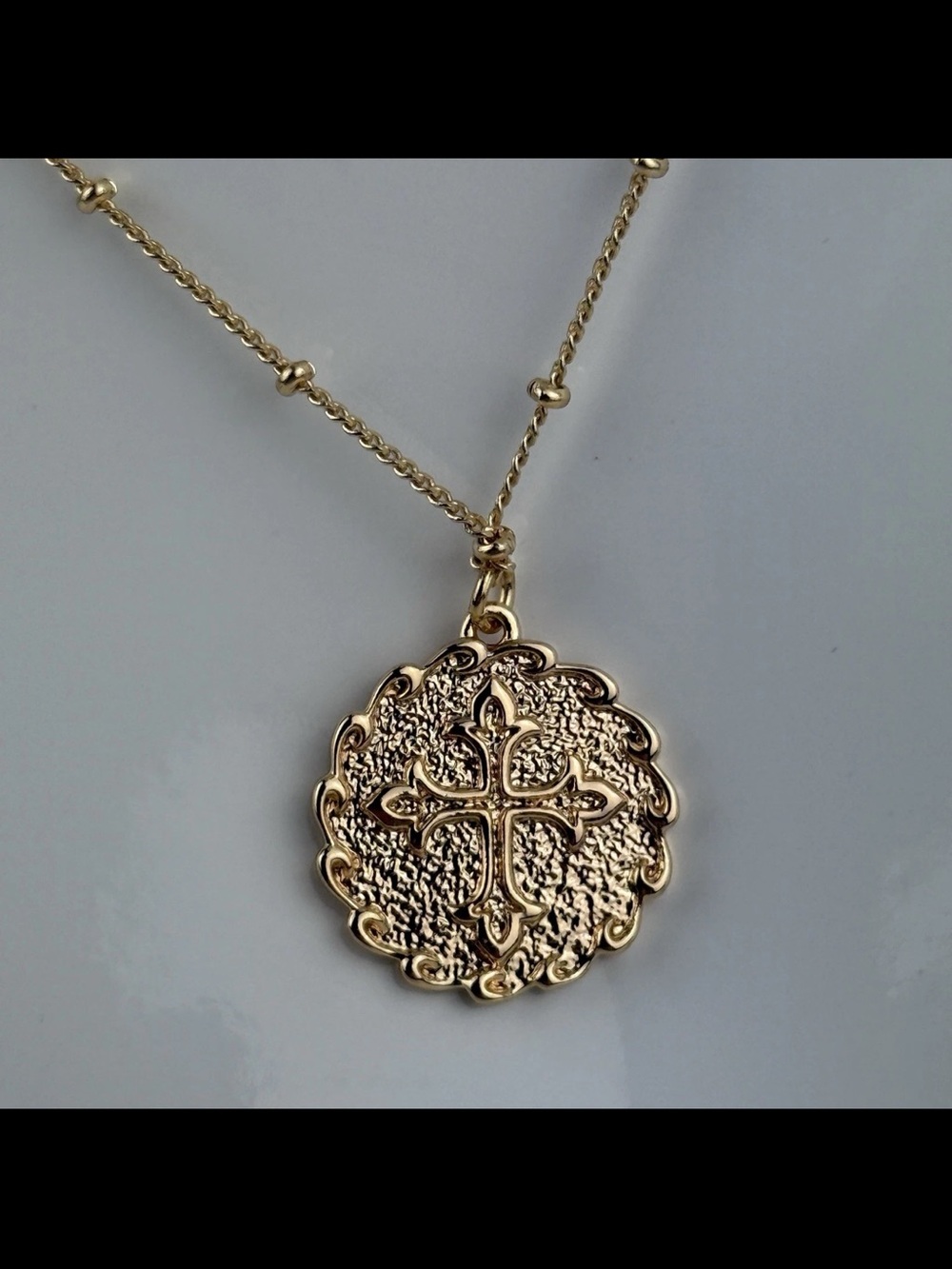 Gold Plated Textured Coin Waves Cross Medal Pendant Necklace Medallion Medieval!